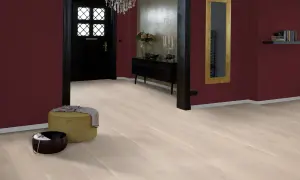 Ingresso con parquet rovere sbiancato: luminosità e stile, ma attenzione alla manutenzione.