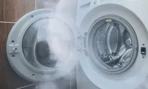 Fumo denso esce dall'oblò aperto di una lavatrice, suggerendo una puzza bruciato lavatrice.