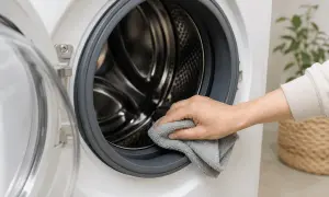 Mano pulisce con panno grigio l'oblò della lavatrice, mostrando come pulire l'oblò della lavatrice per un bucato fresco.
