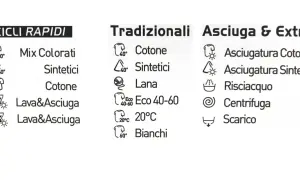 Simboli vaschetta lavatrice: cicli rapidi, tradizionali e asciugatura. Indicazioni per cotone, sintetici, lana, lavaggio e asciugatura.
