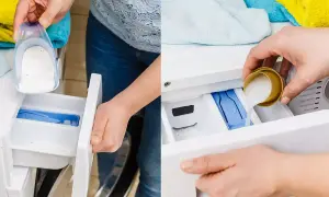 Differenza tra detersivo a mano e lavatrice: polvere nel cassetto della lavatrice e liquido versato da un misurino.