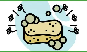 Spugna gialla con bolle di sapone e simboli floreali, evoca un ammorbidente con acido citrico per un bucato fresco.