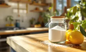 Barattolo di vetro con acido citrico fatto in casa, accanto a limoni freschi su un tavolo di legno in cucina.