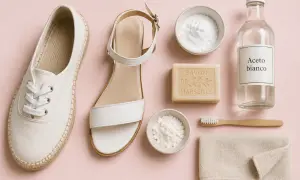 Scarpe bianche, un sandalo, bicarbonato, sapone di Marsiglia, aceto bianco, spazzolino e panno: tutto l'occorrente per sapere come pulire scarpe bianche.