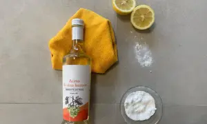 Aceto di vino bianco, bicarbonato, limoni e un panno giallo per lavare i pavimenti con aceto e ammorbidente.