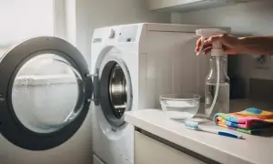 Preparativi per pulire la lavatrice: una mano spruzza un liquido da un flacone, accanto a una ciotola con bicarbonato, uno spazzolino e un panno colorato.