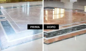 Before and after comparison of a marble floor, showing a dull surface on the left and a polished, reflective surface on the right.