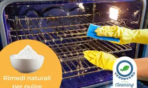 Mani con guanti gialli puliscono le griglie del forno con una spugna blu. Una ciotola di bicarbonato di sodio suggerisce come pulire il forno con prodotti naturali.