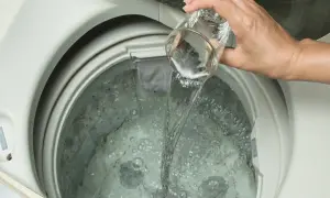 Mano versa liquido da un bicchiere nella lavatrice. Scopri quale aceto per lavatrice usare per un bucato impeccabile.