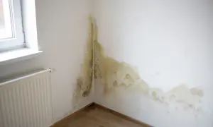 Angolo di una stanza con evidenti macchie sul muro interno, segno di umidità e potenziale muffa.