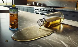 Protezione fai da te per marmo: una bottiglia di prodotto idrorepellente per marmo accanto a un liquido dorato versato su un piano di lavoro in marmo.