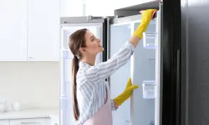 Donna con guanti gialli usa uno sgrassatore per pulire il frigo, rendendolo splendente.