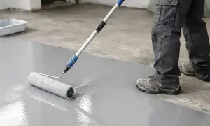 Lavoratore stende vernice grigia su cemento grezzo con un rullo. Ecco come pulire cemento grezzo per un nuovo look.