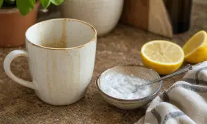 Una tazza, una ciotola con bicarbonato e limone, ingredienti per lucidare marmo con bicarbonato e ottenere una superficie brillante.