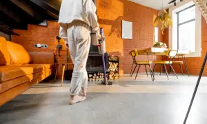 Persona in abiti comodi usa un aspirapolvere per pulire linoleum macchiato in un soggiorno moderno con divano in pelle e camino.