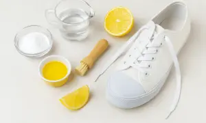 Tutto l'occorrente per scoprire come lavare le Converse bianche: bicarbonato, limone, acqua, spazzolino e una scarpa.