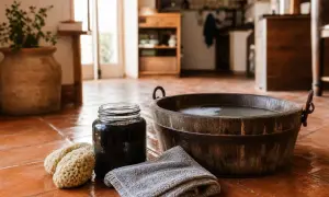 Savon noir cos'è? Un barattolo di sapone nero, spugne naturali e un telo grigio accanto a un catino di legno con acqua.
