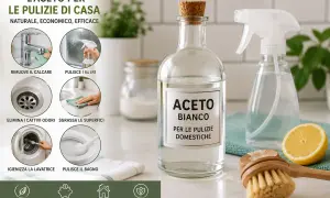 Aceto bianco per pulizie domestiche: rimuove calcare, pulisce vetri, elimina odori, sgrassa, igienizza e pulisce il bagno. Dosi acqua e aceto per pulire in modo naturale ed economico.