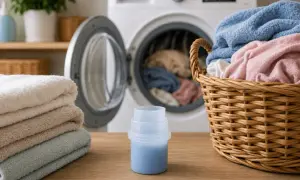 Un misurino di bagnoschiuma pronto per la lavatrice, accanto a un cesto di panni colorati e una pila di asciugamani puliti.