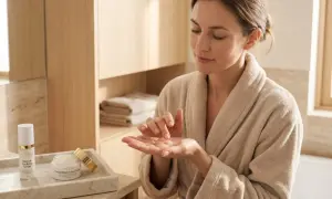 Donna in accappatoio applica crema viso per sapere come idratare la pelle. Prodotti per la cura della pelle sul lavandino.