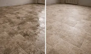 Prima e dopo: un pavimento in pietra bagnato e sporco a sinistra, e lo stesso pavimento pulito e splendente a destra. Un esempio di come lucidare una pietra.