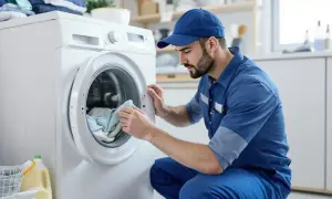 Tecnico controlla il filtro della lavatrice, forse per un filtro lavatrice puzza.