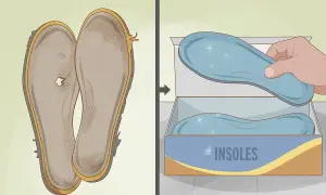 Solette usurate e bucate a sinistra, solette nuove e brillanti in una scatola a destra. Impara come lavare le solette delle scarpe per farle sembrare nuove.