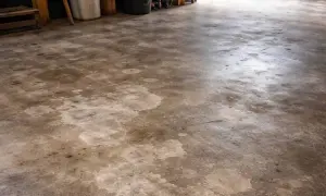 Pavimento esterno in cemento con macchie evidenti, pronto per essere pulito con acido muriatico per rimuovere le incrostazioni.