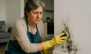 Donna con guanti gialli e grembiule pulisce il muro con aceto, preoccupata per la muffa.