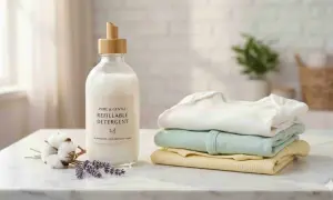 Detersivo per neonati: quale usare? Un flacone di detersivo ecologico accanto a una pila di vestiti per bambini e cotone.
