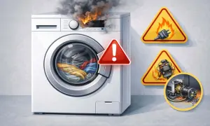Lavatrice nuova puzza di bruciato, fumo e fiamme escono dal pannello. Segnali di pericolo indicano problemi elettrici.