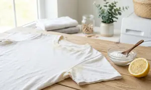 Maglietta bianca con macchie gialle sotto le ascelle e sul colletto, pronta per essere trattata con limone e bicarbonato.