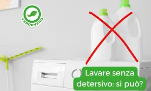 Lavare senza detersivo: si può? Due flaconi di detersivo sono barrati da una X rossa, accanto a una lavatrice.