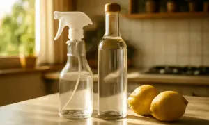 Spray bottle e bottiglia di vetro con aceto bianco e limoni, ingredienti naturali per la pulizia della casa.
