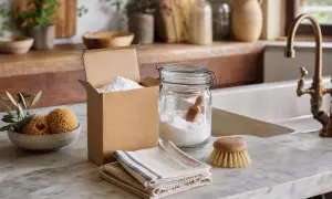 Un barattolo di vetro e una scatola di cartone contengono polvere bianca, che cos'è la soda, pronta per le pulizie ecologiche.