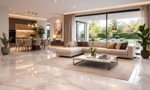 Lussuoso soggiorno con pavimenti in vari tipi di marmo bianco, divano angolare beige e cucina a vista.