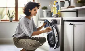 Donna pulisce la lavatrice dopo un lavaggio a 90 gradi, sperando di eliminare la puzza.
