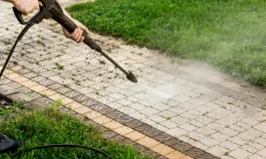 Pulizia del vialetto con idropulitrice per eliminare muschio con candeggina. L'acqua nebulizzata pulisce le fughe tra i blocchi di cemento.