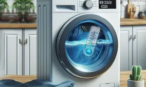 Lavatrice con termometro che indica bassa temperatura. Il display dice "NON SCALDA ACQUA".