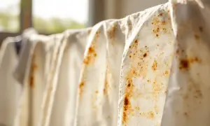 Tessuti bianchi appesi con macchie di unto vecchie. Una sfida per togliere macchie di unto vecchie e farli tornare come nuovi.
