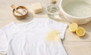 Una maglietta bianca con una macchia gialla. Accanto, ingredienti naturali per rimuovere le macchie: sale, sapone, aceto, limone e acqua.
