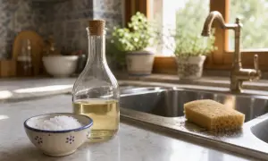 Acqua e aceto per muffa: una bottiglia di aceto, una ciotola di sale e una spugna vicino al lavello, pronti per pulire.