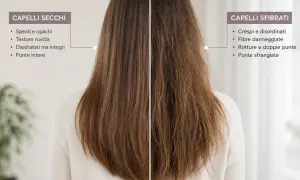 Confronto tra capelli secchi, spenti e opachi, e capelli sfibrati, crespi e con doppie punte.