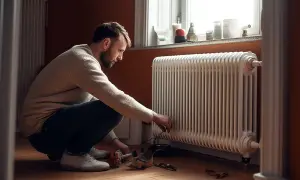 Uomo accovacciato vicino a un termosifone bucato che perde acqua, con attrezzi a terra.