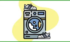 Lavatrice con scarpe sportive sopra e sotto. Scopri come lavare le scarpe antinfortunistiche in lavatrice per mantenerle pulite e sicure.