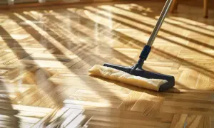 Un mocio lucida un parquet a spina di pesce, illuminato da raggi di sole che creano un gioco di luci. Scopri come lucidare parquet per un risultato splendente.