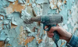 Una mano impugna un attrezzo che rimuove vecchi schizzi di vernice da un muro scrostato.