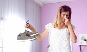 Donna con espressione disgustata tiene un paio di scarpe, cercando un modo per profumare le scarpe e liberarsi dei cattivi odori.