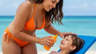 Donna in bikini arancione applica crema solare a un bambino sulla spiaggia. Capire il SPF significato è fondamentale per proteggere la pelle.