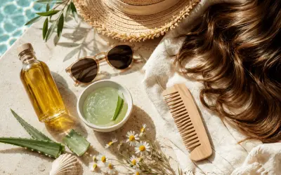 Olio, aloe e pettine in legno per curare i capelli secchi. Cappello di paglia e occhiali da sole completano la scena estiva.